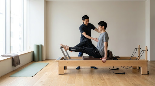 男性インストラクターによるマシンを使った姿勢改善指導