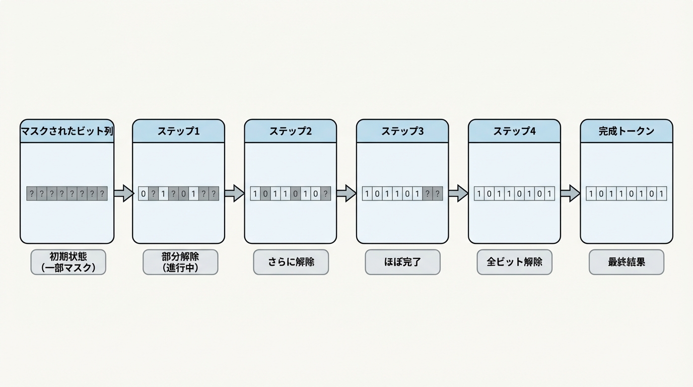 図3: Masked Bit Modelingの推論プロセス。4ステップの段階的アンマスキングでトークンを生成する