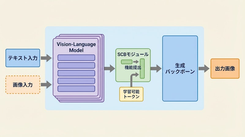 図1: DeepGen 1.0のアーキテクチャ概要。SCBモジュールが複数層から特徴を抽出し、生成バックボーンをガイドする