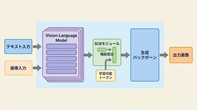 図1: DeepGen 1.0のアーキテクチャ概要。SCBモジュールが複数層から特徴を抽出し、生成バックボーンをガイドする