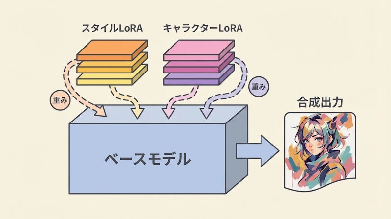 図3: 画像生成AIでのLoRA活用。複数のLoRAアダプタをベースモデルに重ねて多様な表現を実現できる