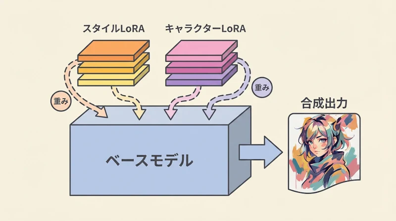 図3: 画像生成AIでのLoRA活用。複数のLoRAアダプタをベースモデルに重ねて多様な表現を実現できる