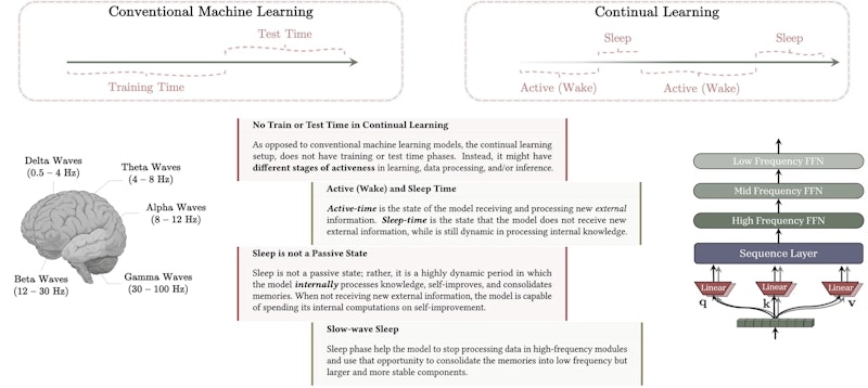 図1: 従来の機械学習（訓練・テストの分離）と継続学習の違い。HopeはWake Time（活動中）とSleep Time（睡眠中）を区別し、Sleep中に記憶を不安定な高頻度モジュールから安定した低頻度モジュールへ統合する。