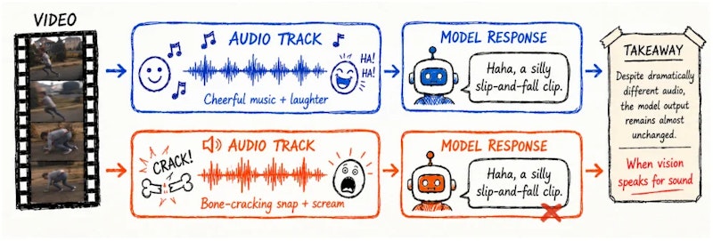 図1: 同じ映像に異なる音声を組み合わせても、モデルがほぼ同一のキャプションを生成してしまう現象。視覚情報が音声の代わりに機能していることの直接的な証拠。