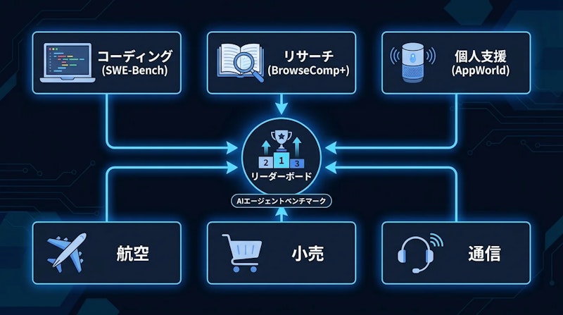 図1: Open Agent Leaderboardが採用するtau2-Benchの3シナリオを含む計6種の評価ベンチマーク