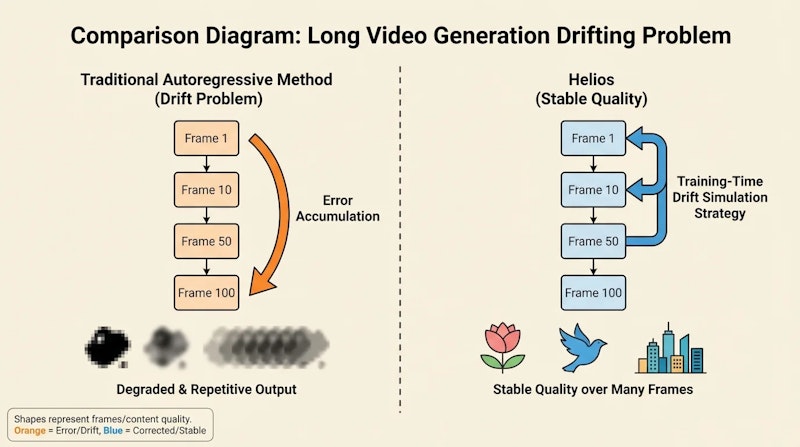 図2: 従来手法とHeliosにおける長時間動画生成の品質比較。トレーニング時にドリフティングをシミュレートすることで、長時間生成でも安定した品質を維持する
