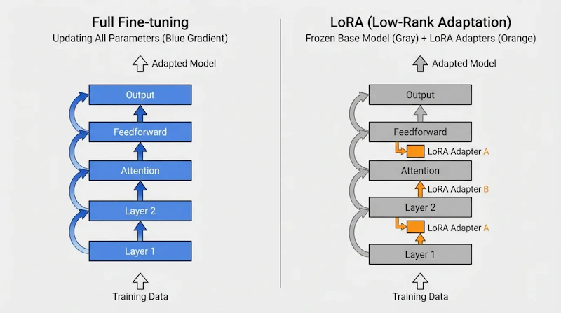図2: フルファインチューニングとLoRA（PEFT）の違い