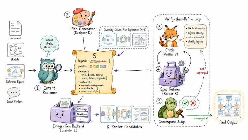 図1: Crafterのアーキテクチャ全体像。Intent Reasoner、Plan Generator、Image-Gen Backend、Critic、Specification Refiner、Convergence Judgeの6役割がループ状に協調して図表を生成する（本図自体もCrafterで生成）