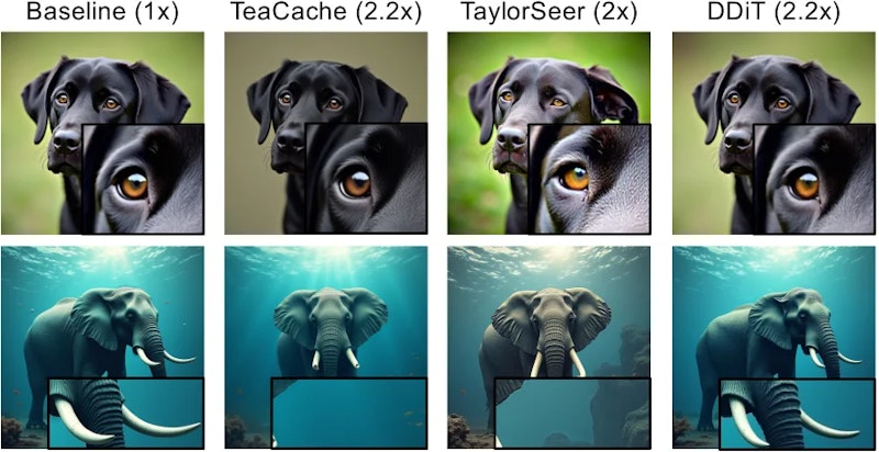 図4: DrawBenchにおける定性的比較。ベースモデル、TeaCache、TaylorSeerと同等の高速化条件下でDDiTを比較。DDiTは細部のディテール、ポーズ、空間レイアウト、全体的な色分布を効果的に保持します。