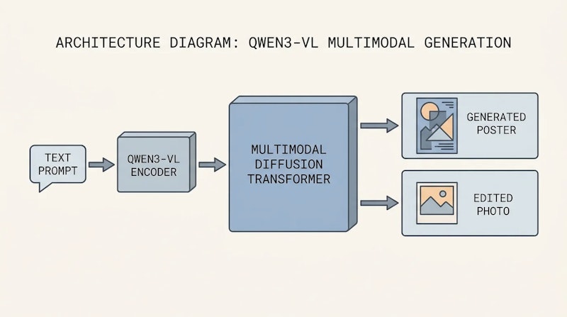 図1: Qwen-Image-2.0のアーキテクチャ概要。Qwen3-VLが条件エンコーダとして機能し、Multimodal Diffusion Transformerが生成・編集を実行する