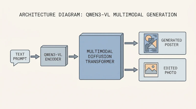 図1: Qwen-Image-2.0のアーキテクチャ概要。Qwen3-VLが条件エンコーダとして機能し、Multimodal Diffusion Transformerが生成・編集を実行する