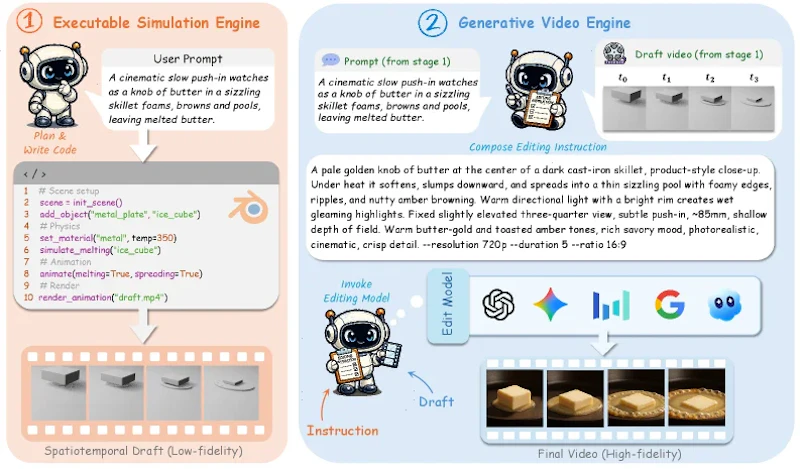 図2: VideoCoCoのデュアルエンジン構成。第1段階でBlenderプログラムを実行して下書きを描画し、第2段階で動画編集モデルが写実的な最終動画を生成する
