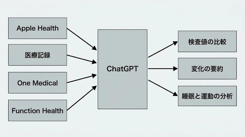 図1: 接続できるデータ源とChatGPT側で得られる出力
