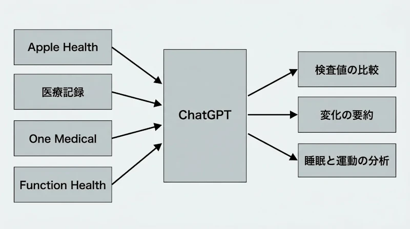 図1: 接続できるデータ源とChatGPT側で得られる出力