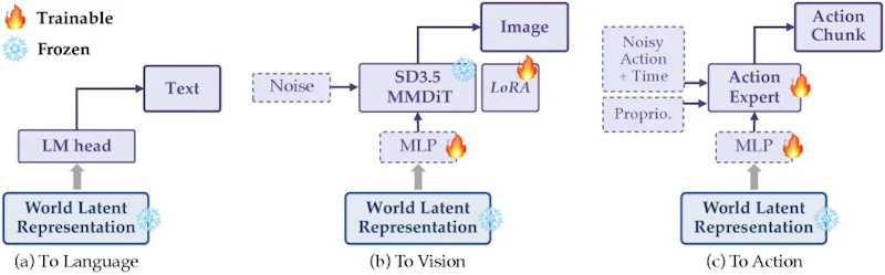 図4: 3つの下流デコーダの実装。テキストはLMヘッドを再利用、画像はMLP+LoRAでSD3.5に接続、行動はDiTベースのAction Expertを新規学習する