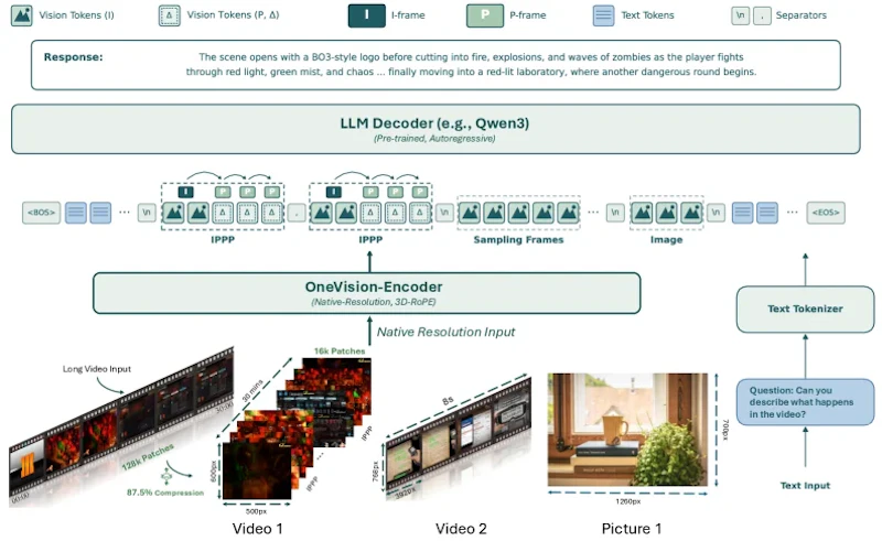 図3: LLaVA-OneVision-2のアーキテクチャ全体像。コーデックストリーム動画・フレームサンプリング動画・静止画像の3入力を統一された視覚トークンインタフェースで処理する