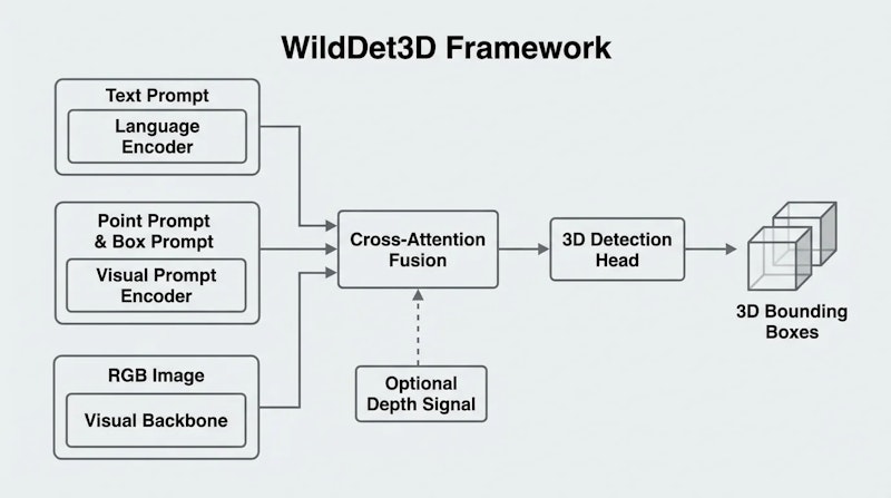 図1: WildDet3Dのアーキテクチャ概要。3種類のプロンプトと任意の深度信号を統合し、3Dバウンディングボックスを出力する