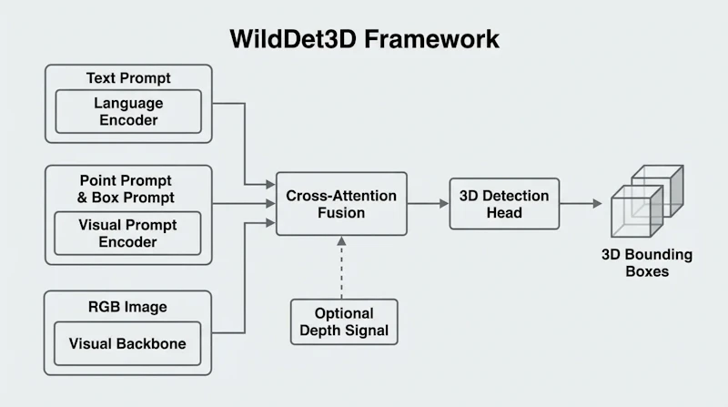 図1: WildDet3Dのアーキテクチャ概要。3種類のプロンプトと任意の深度信号を統合し、3Dバウンディングボックスを出力する