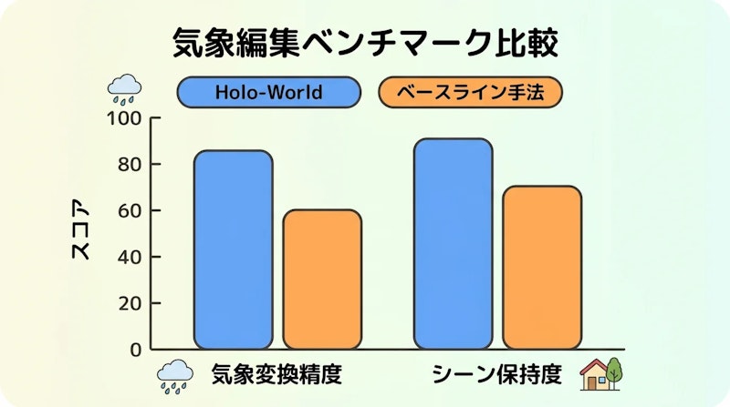 図2: 気象変換ベンチマークにおけるHolo-Worldと既存手法の比較