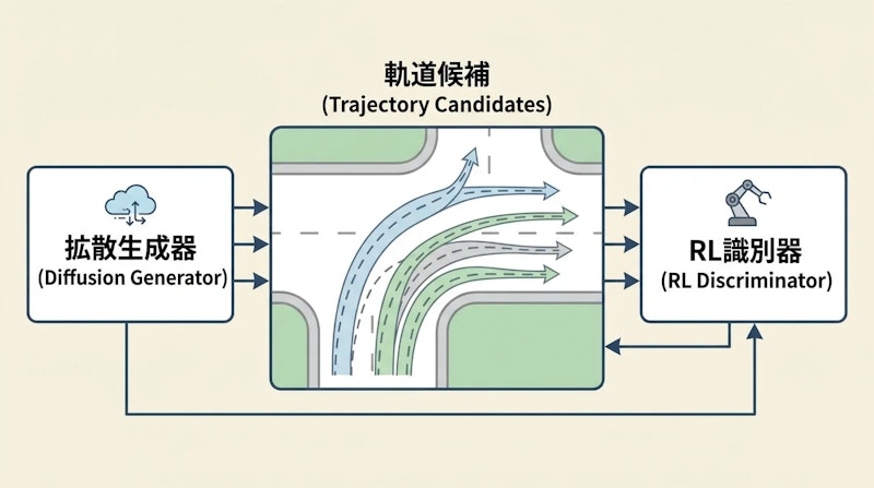 図1: RAD-2のGenerator-Discriminator構造。拡散モデルが複数の軌道候補を生成し、RL識別器が長期品質に基づいて最良を選択する