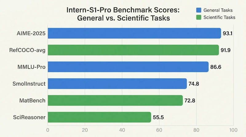 図2: 一般タスクと科学タスクにわたる主要ベンチマーク比較