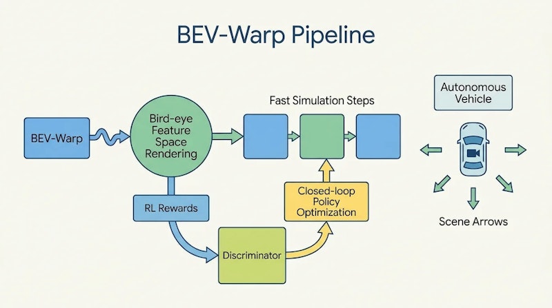 図2: BEV-Warp高速シミュレーション環境のパイプライン。BEV特徴空間でのレンダリングがRL学習のスループットを大幅に向上させる