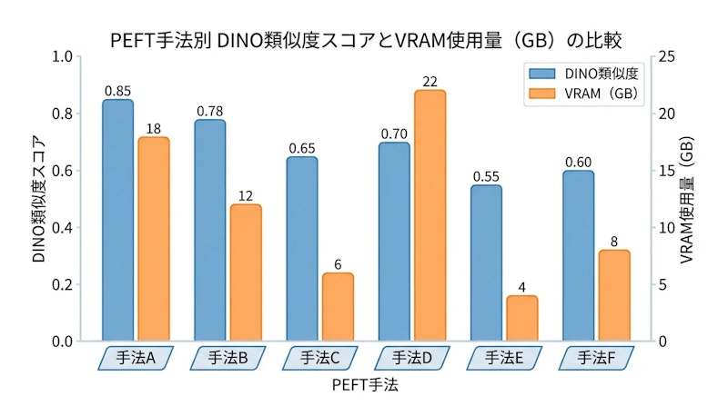 図1: 画像生成タスクにおける6手法のDINO類似度とVRAM使用量の比較