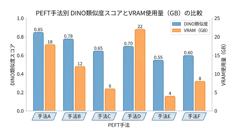 図1: 画像生成タスクにおける6手法のDINO類似度とVRAM使用量の比較