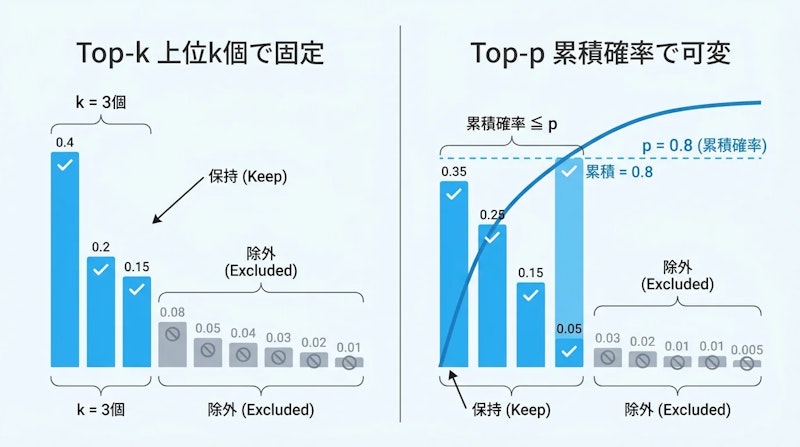 図2: Top-kは固定個数、Top-pは累積確率で候補を絞る
