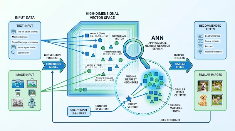 図1: ベクトルデータベースの仕組み。コンテンツを数値ベクトルに変換し、意味的類似性で検索する