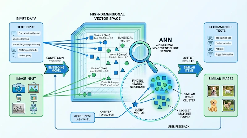 図1: ベクトルデータベースの仕組み。コンテンツを数値ベクトルに変換し、意味的類似性で検索する