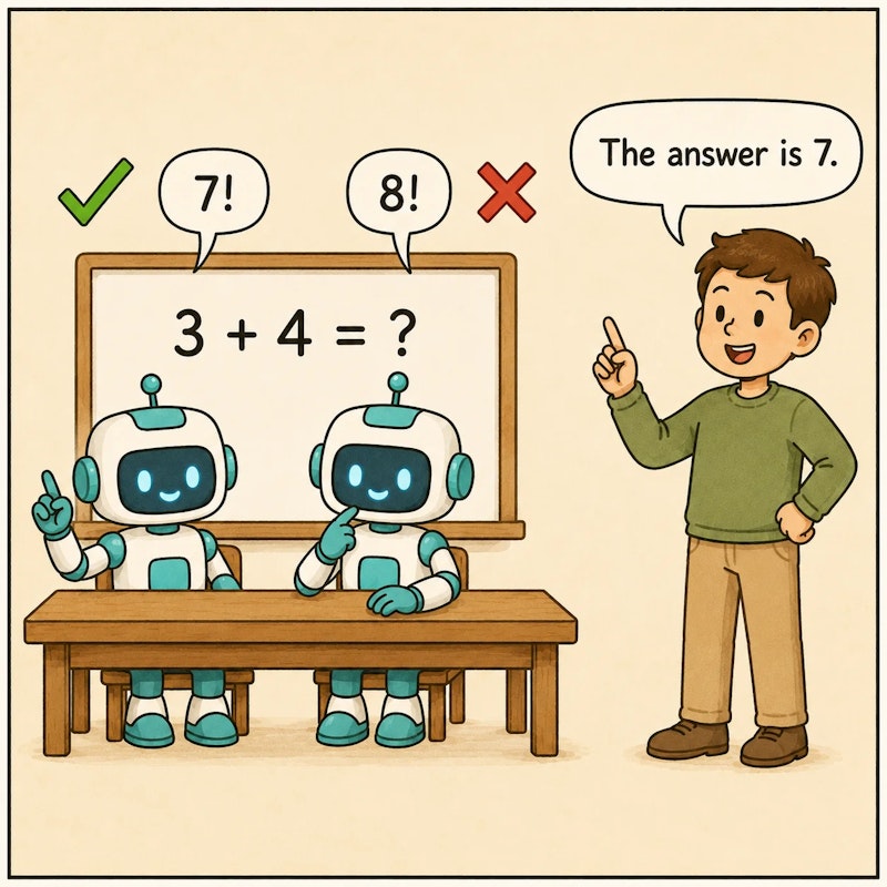 図1: RLVRは既知の正解と照合して採点するが数学など限られた領域でしか使えない。RLSVRはデータ自体から潜在的な正解を作り出し、環境の記録と照合して報酬を検証する