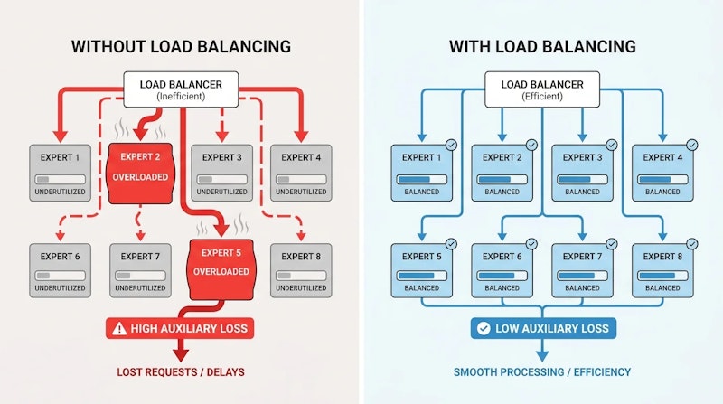 図3: 補助損失なし（左）と補助損失あり（右）の負荷分散の違い。補助損失によってエキスパートへの均等なトークン割り当てが促進される