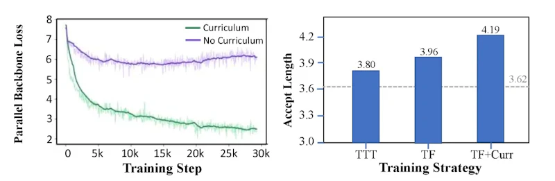 図2: 課程学習の効果比較。左: 課程学習あり・なしの並列バックボーン損失の推移。右: TTT・TF・TF+Curr条件での平均承認長の比較(灰色点線はDFlashの基準値)