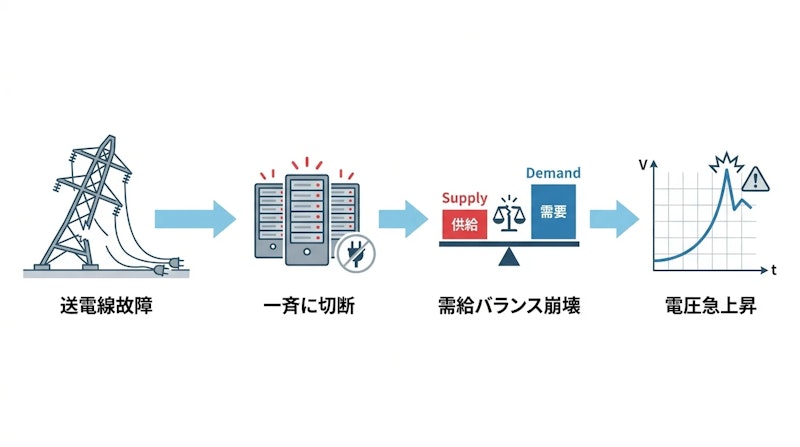 図1: 送電線故障から電圧急上昇に至る連鎖