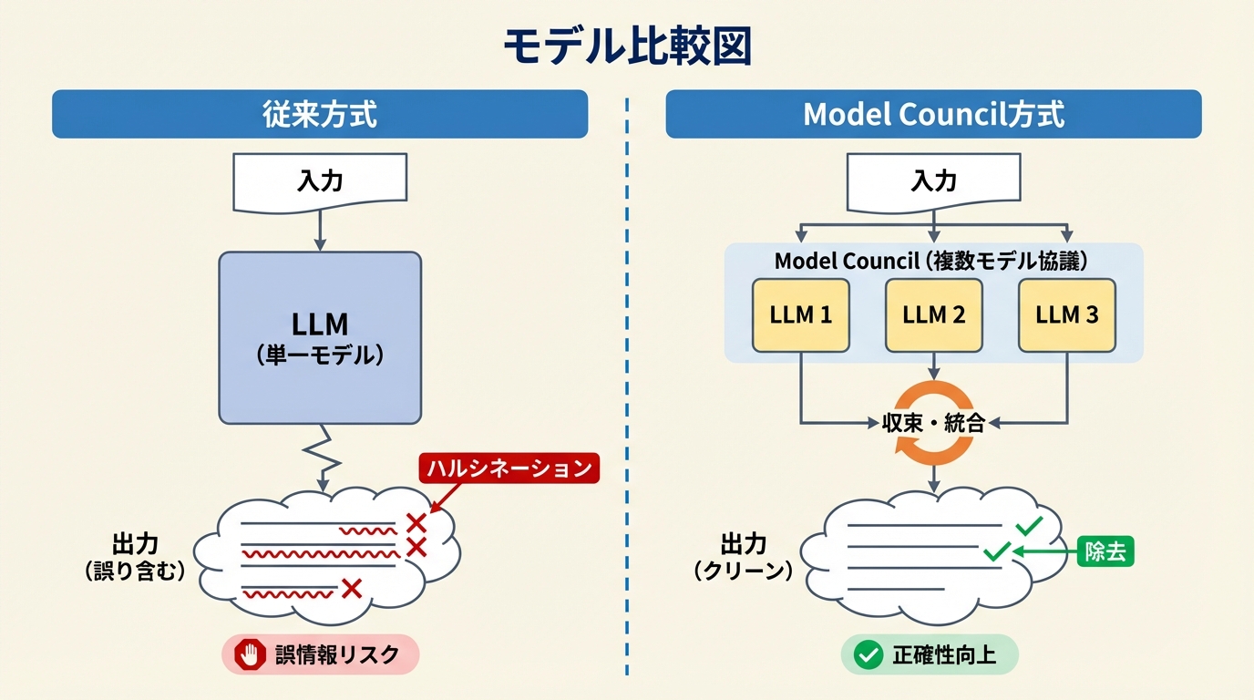 図2: 従来の単一モデル方式とModel Council方式の比較