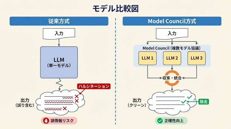 図2: 従来の単一モデル方式とModel Council方式の比較
