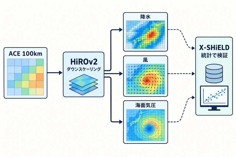 図1: ACEの粗い出力をHiROv2が複数の高解像度フィールドへ変換する構成