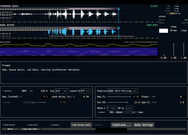図7: JUCEで構築されたユーザーインタフェース。ユーザースタディや実際のライブパフォーマンスで使用されたシステム。