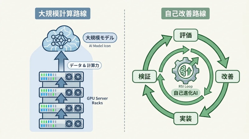 図1: 大規模計算路線と自己改善路線の対比