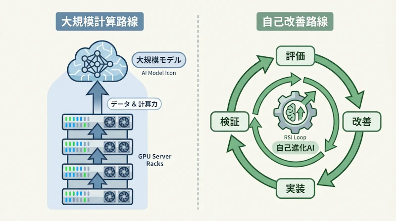 図1: 大規模計算路線と自己改善路線の対比
