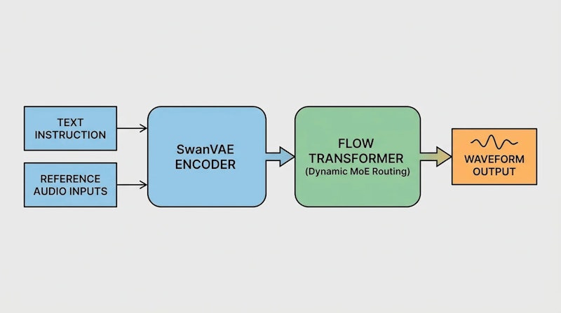 図1: SwanTaleの全体アーキテクチャ。テキスト指示と参照音声の2系統を単一モデルで処理する