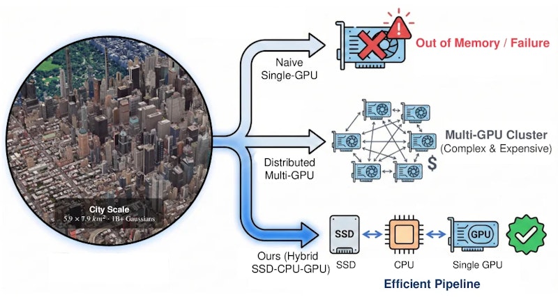 図1: TideGSはSSD・CPU・GPUの3階層にガウシアンパラメータを分散格納し、訓練中に軌跡が活性化した作業集合だけをGPU VRAMに展開することで、都市規模シーン学習を単一GPUで可能にします。