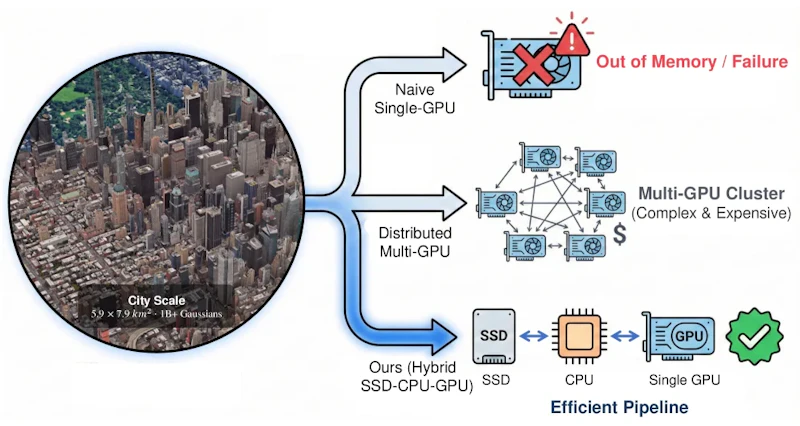 図1: TideGSはSSD・CPU・GPUの3階層にガウシアンパラメータを分散格納し、訓練中に軌跡が活性化した作業集合だけをGPU VRAMに展開することで、都市規模シーン学習を単一GPUで可能にします。