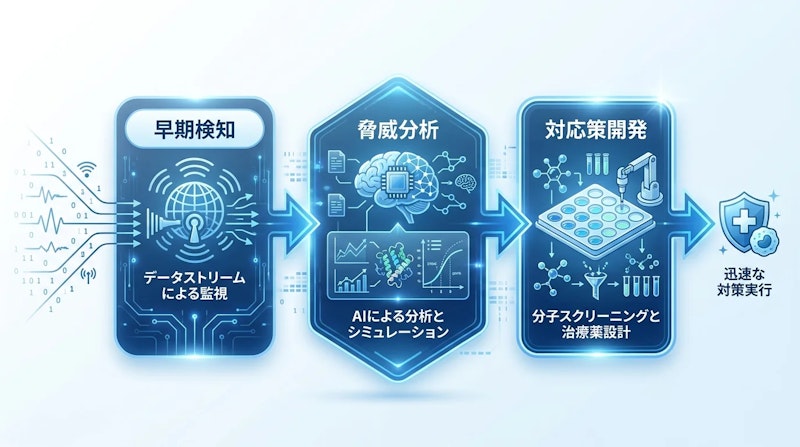 図1: AIを活用したバイオディフェンス対応の3段階プロセス