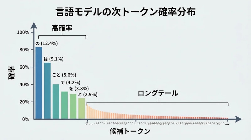 図1: LLMは次の単語ごとに確率を割り当て、その分布から1つを選ぶ