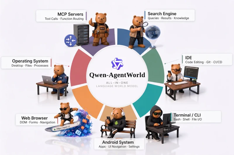 図2: 7カテゴリの環境シミュレーションを単一の言語世界モデルで統合するQwen-AgentWorldの構成