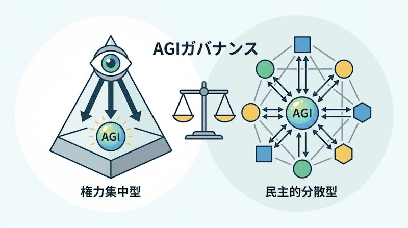 図1: AGIガバナンスの2つのモデル、権力集中型と民主的分散型