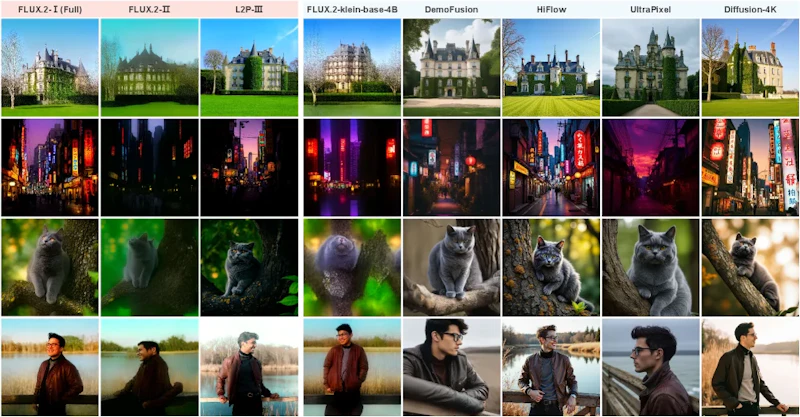 図3: 4K(4096×4096)解像度での各手法の生成品質比較。細部の再現性やテクスチャ品質の違いが確認できる