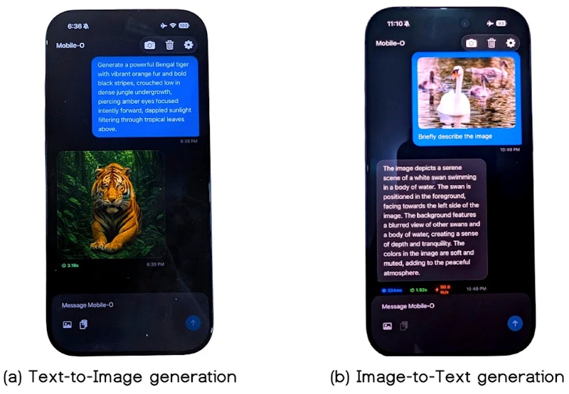 図5: iPhone 17 Proでネイティブ動作するMobile-O。（a）テキストからのベンガルトラの画像生成、（b）画像からの詳細テキスト説明生成。クラウド不要のオンデバイス処理を実現している。